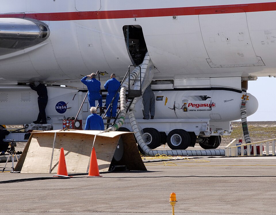 VANDENBERG AIR FORCE BASE, Fla. -- NASA’s Interstellar Boundary Explorer, or IBEX, spacecraft and mated Pegasus XL rocket are being attached to Orbital Sciences’ L-1011 aircraft for launch. IBEX is targeted for launch from the Kwajalein Atoll, a part of the Marshall Islands in the Pacific Ocean, on 