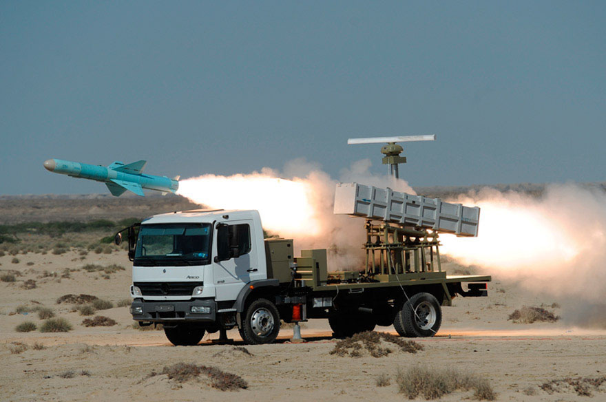 Firing Nasr-1 Missile from a truck launcher in Velayat-90 Naval Exercise.