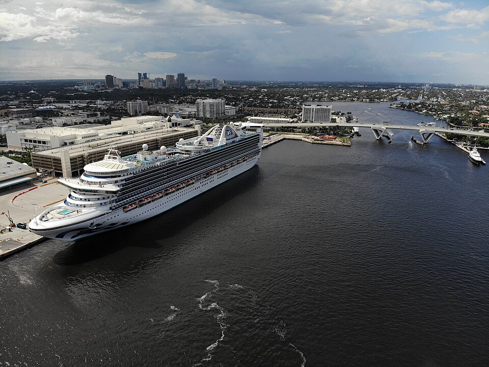 An aerial shot of the MS  Caribbean Princess docked at Port Everglades.