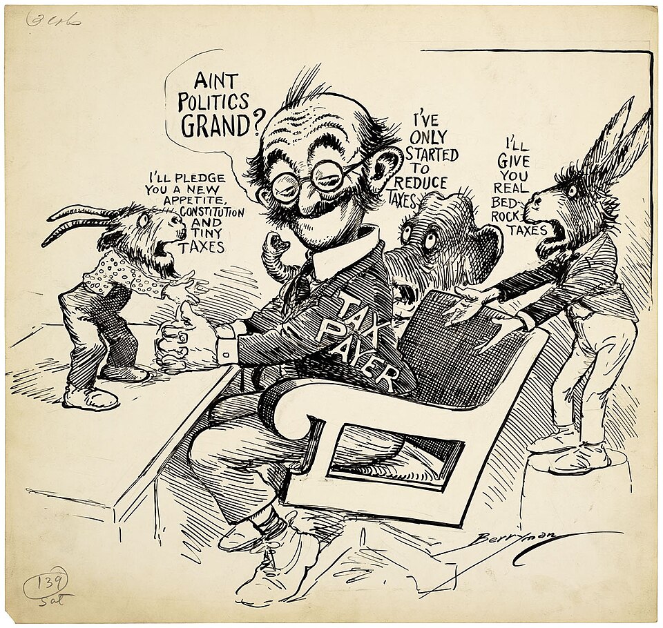 This cartoon depicts "Mr. Taxpayer" revelling in all the attention as the Republican elephant, Democratic donkey, and Progressive goat try to outdo each other. With the 1924 Presidential and congressional elections only two weeks away, politicians of all parties were promising lower taxes to woo vot