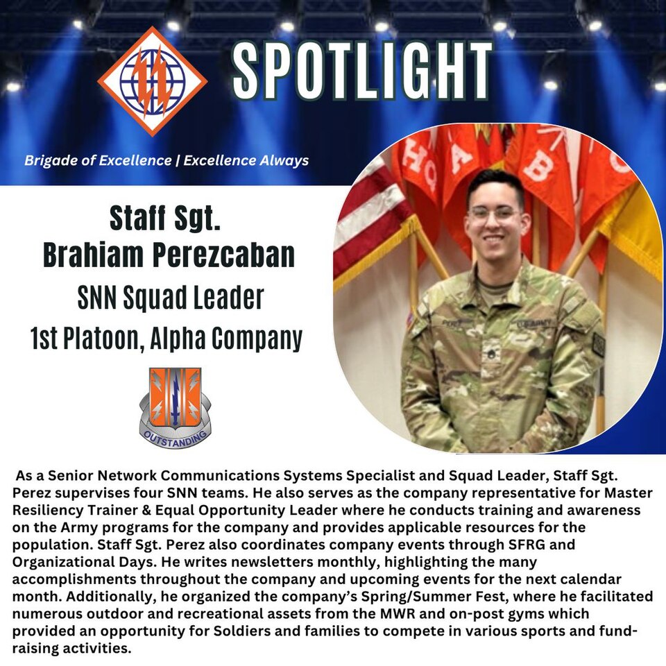 The 2d Theater Signal Brigade Spotlight shines on U.S. Army Staff Sgt. Brahiam Perezcaban, SNN Squad Leader, 1st Platoon, Alpha Company, 44th Expeditionary Signal Battalion-Enhanced. 
As a Senior Network Communications Systems Specialist and Squad Leader for a Small Scalable Node Section, Staff Sgt.