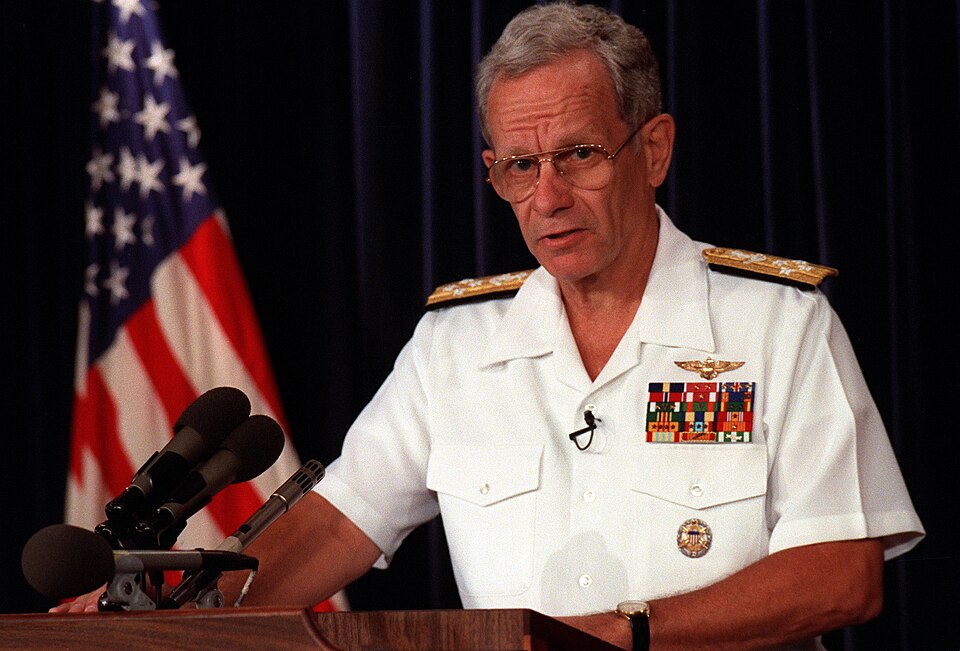 Adm. Leon A. Edney, vice chief of naval operations, speaks at a Pentagon press conference called to release the findings of the Navy's official investigation into the April 19, 1989, explosion in Turret No. 2 aboard the battleship USS IOWA (BB-61).