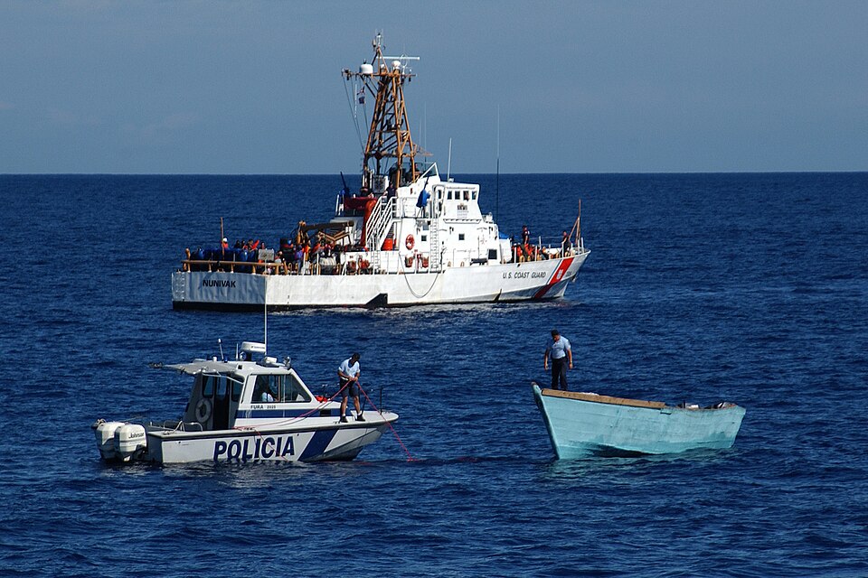 AT SEA--What once held 103 Dominican Republic migrants, this approximately 30-foot yola, or migrant vessel, was intercepted about 2 miles west of Aguadilla, Puerto Rico. Following the transfer of all migrants to the U.S. Coast Guard Cutter Nunivak, a 110-foot patrol boat homeported in San Juan, PR, 