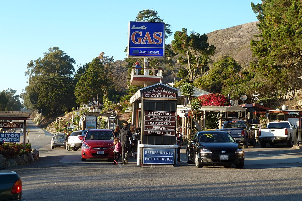 View of fuel pump cluster at Gorda, California, on California State Route 1.  At times the motor fuel prices here have been the highest in the United States, as the revenues are used to subsidize the cost of Diesel fuel for generating electrical power in this remote location.