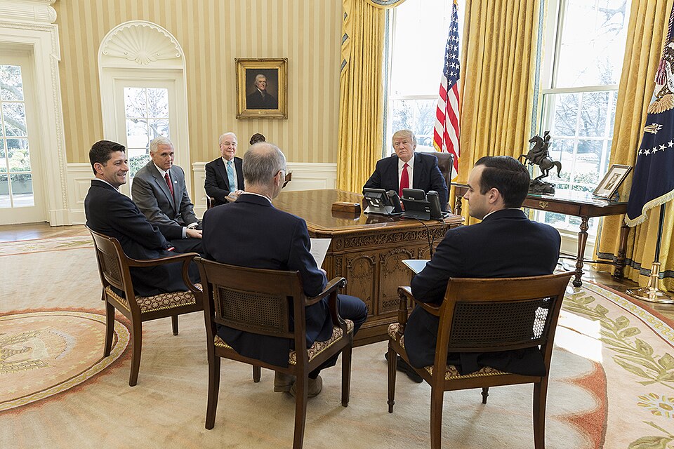President Donald Trump meets with (from left) U.S. Secretary of Health and Human Services Tom Price; Vice President Mike Pence; Speaker of the House Paul Ryan; Dr. Zeke Emanuel; and Andrew Bremberg, Dir. Domestic Policy Council, Monday, March 20, 2017, in the Oval Office. (Official White House Photo
