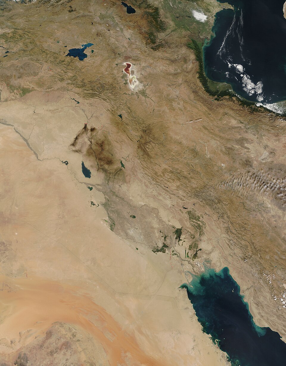 On October 9, 2016, the Moderate Resolution Imaging Spectroradiometer (MODIS) on NASA’s Terra satellite captured this true-color image of oil fires, gas flares, and fires across the Middle East.
Each red hotspot marks an area where the thermal sensors on the MODIS instrument detected an area where t