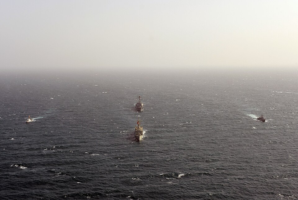 130319-N-ZQ631-250 U.S. 5TH FLEET AREA OF RESPONSIBILITY (Mar. 19, 2013) Guided-missile destroyer USS William P. Lawrence (DDG 110), coastal patrol ship USS Whirlwind (PC 11), U.S. Coast Guard Cutter Baranof (WPB 1318) and the Royal Bahrain Naval Forces frigate Sabah (FFG 90) transit the Arabian Gul