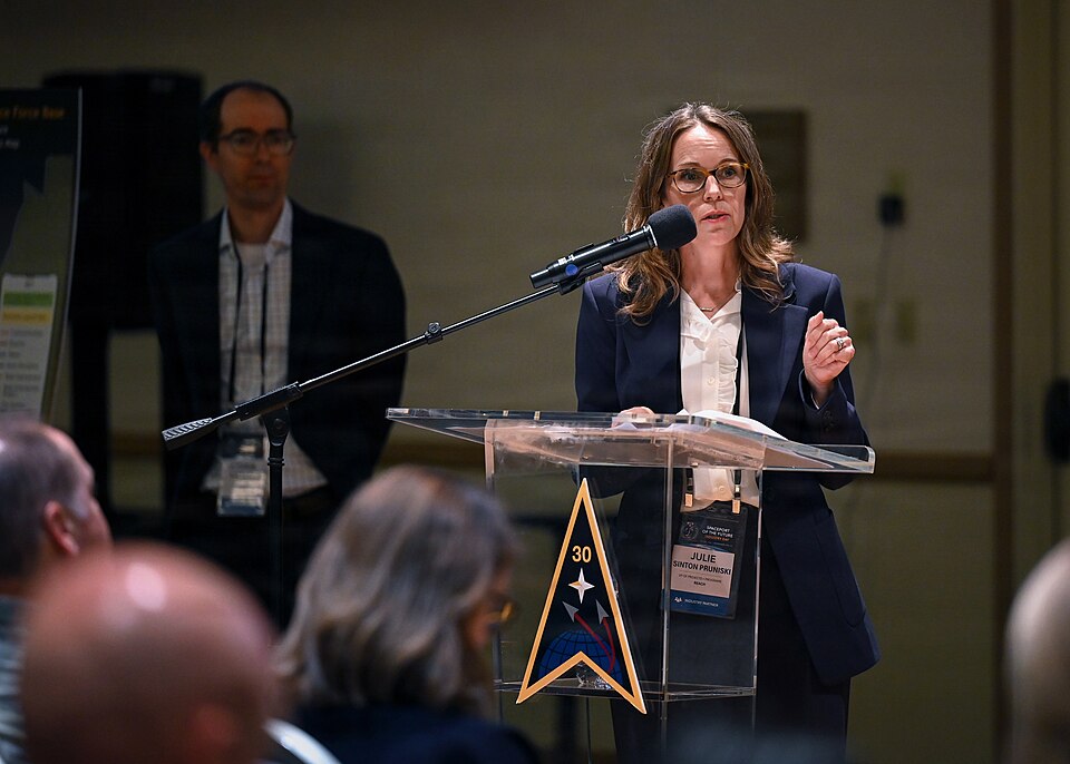 Julie Sinton Pruniski, Regional Economic Action Coalition (REACH) Central Coast vice president of projects and programs, delivers a presentation during the Spaceport of the Future Industry Day at Vandenberg Space Force Base, California, July 29, 2026. REACH works with Space Launch Delta 30, governme