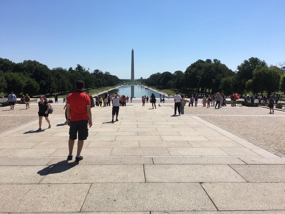 The Washington Monument is in the distance with the Reflecting Pool in front of it. Several visitors are looking towards it from the steps of the Lincoln Memorial.
View from the Lincoln Memorial
Keywords: nps; national park service; nama; national mall and memorial parks; lincoln memorial; lime; dc;