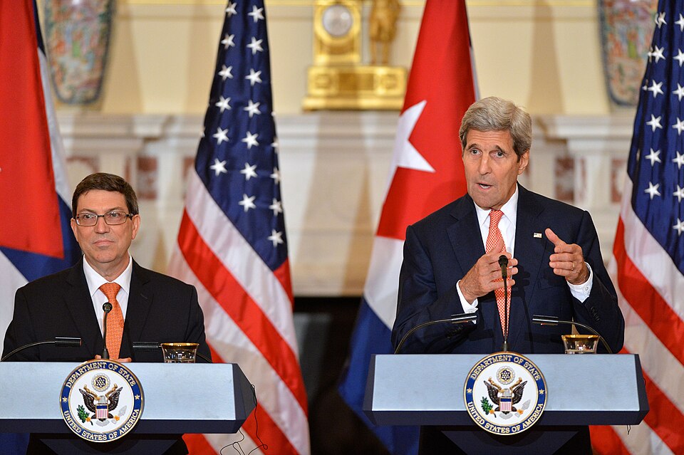 U.S. Secretary of State John Kerry addresses reporters during his joint press conference with Cuban Foreign Minister Bruno Rodríguez after their bilateral meeting at the U.S. Department of State in Washington, D.C., on July 20, 2015. This marks the first visit to the Department by a Cuban foreign mi