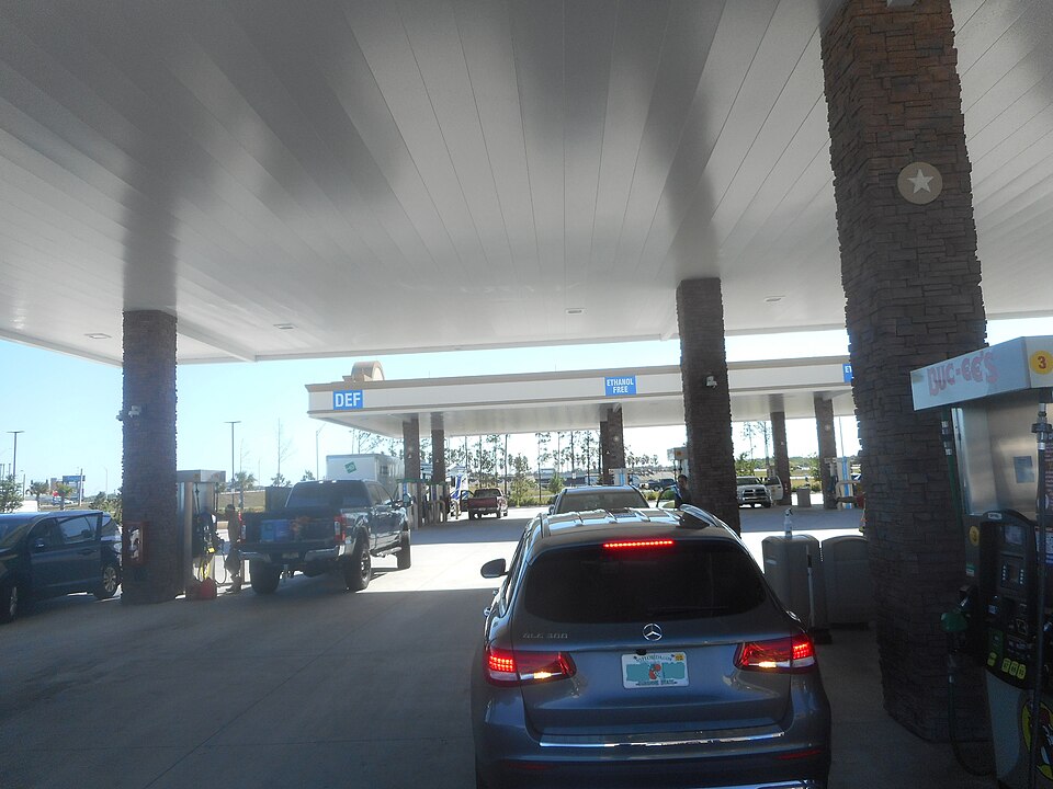 Canopy for the diesel exhaust fluid pumps, and ethanol free fuel pumps as seen from under the canopy for the main series of gas pumps at the Buc-ee's gas station and convenience store along Gateway North Drive at the southwest corner of Technology Boulevard just east of Exit 265 on Interstate 95 at 