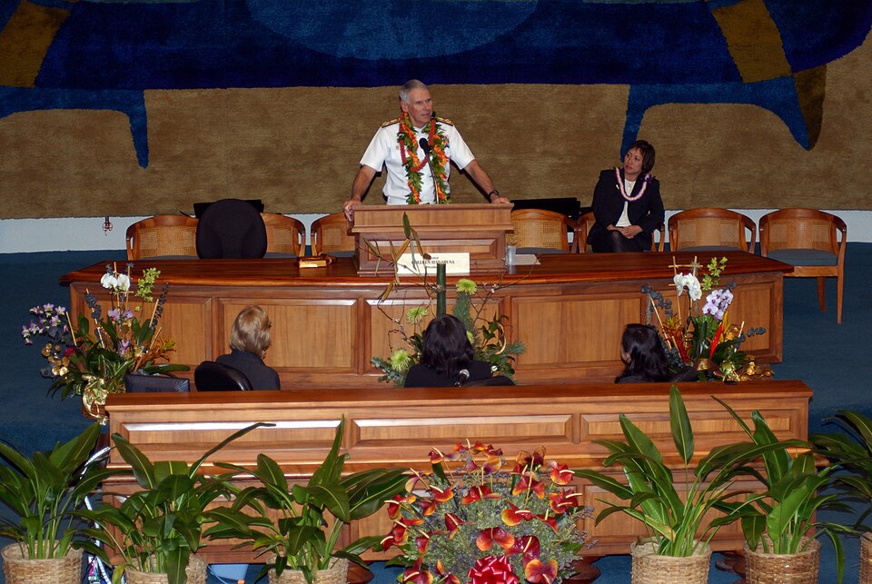 Pearl Harbor, Hawaii (Feb. 1, 2007) - Adm. William J. Fallon, commander, U.S. Pacific Command, addresses members of the Senate of the State of Hawaii during a visit to the State Capitol. The Senate of the State of Hawaii recognized Fallon and his wife Mary for their outstanding contributions to Hawa