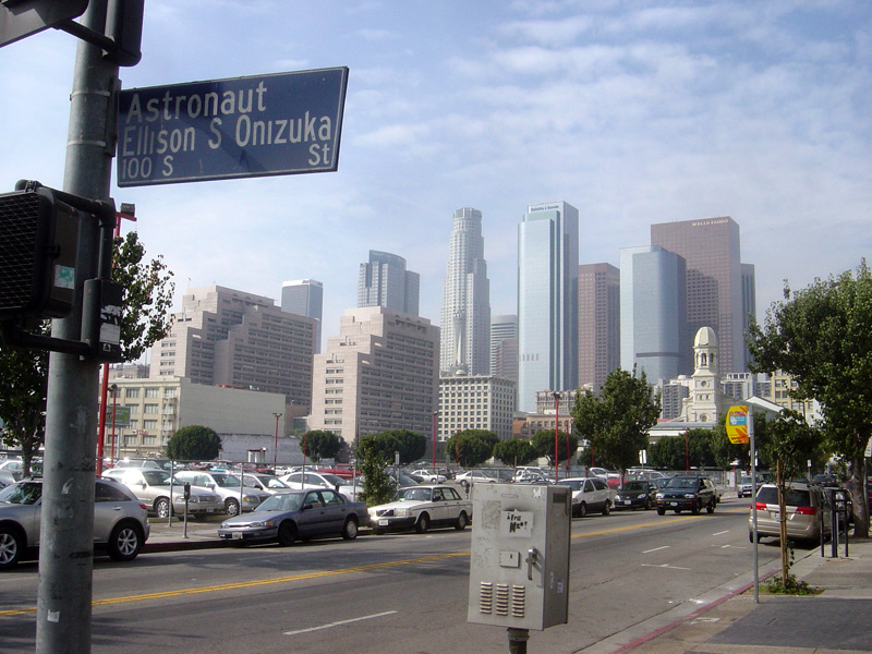 Downtown Los Angeles skyline from the Little Tokyo neighborhood in central Los Angeles, California.  
View of 2nd Street at Astronaut Ellison S. Onizuka Street, which is named in honor of Ellison Onizuka, a Japanese-American astronaut who died in the Challenger disaster.
The landmark former Cathedra