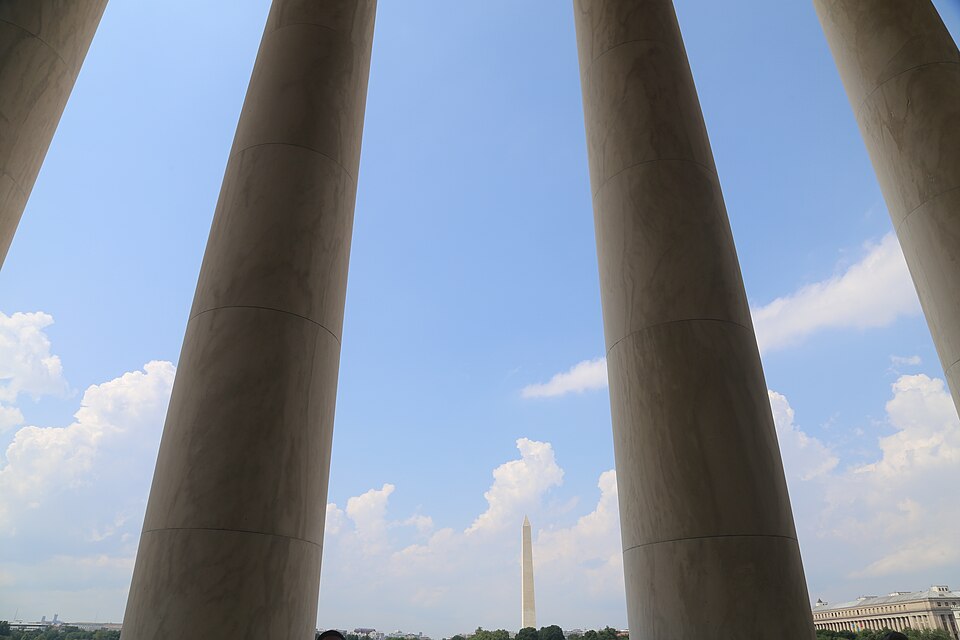 The Washington Monument as seen from the Jefferson Memorial, both were added to the U.S. Register of Historic Places on October 15, 1966. Both are also National Historic Landmarks.
