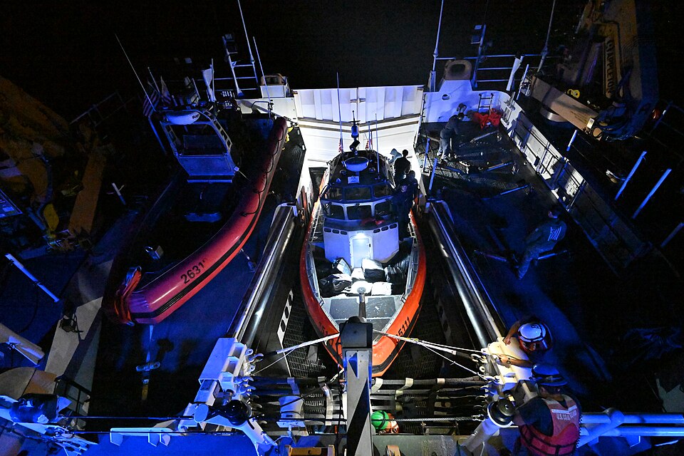 The U.S. Coast Guard Cutter Kimball’s (WMSL 756) crew recovers the cutter’s 26-foot over-the-horizon small boat carrying 1,708 kilograms of cocaine seized by the crew while patrolling the Eastern Pacific Ocean, March 4, 2025. The U.S. Coast Guard its increasing presence in key areas to secure the U.
