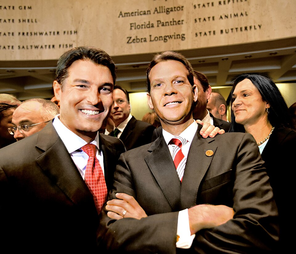 From the left Speaker Steve Crisafulli, R-Merritt Island, and Senate President Andy Gardiner, R-Orlando, strike a pose after greeting each other in the Capitol rotunda during "sine die" ceremonies and the Legislature's special session drew to a close after both house's approved a budget June 19, 201