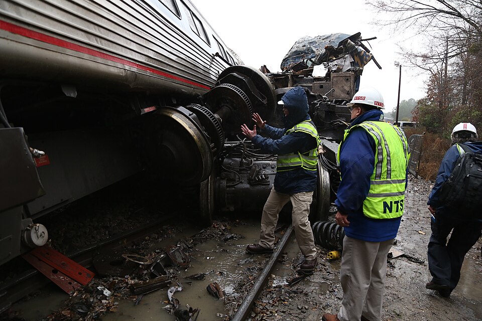 NTSB engineers examine the wreckage from the Cayce, South Carolina train collision on February 4, 2018.