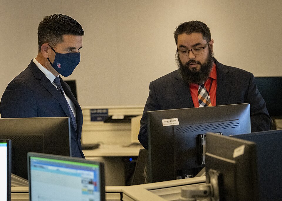 Acting DHS Secretary Chad Wolf tours the DHS National Operations Center on November 3, 2020. The NOC is a secure location where teams monitor threats to to the homeland around the clock.