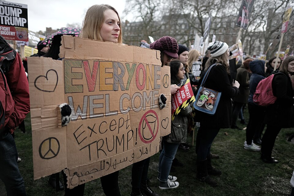 Thousands of protesters armed with placards filled most of Grosvenor Square outside the American Embassy in London. They were rallying to demand that prime minister Theresa May repudiate Donald Trump's shameful blanket entry ban on all Syrian, Iraqi, Somali, Yemeni, Iranian, Sudanese and Libyan nati