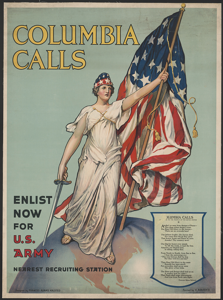 World War I recruitment poster that shows Columbia holding a flag and a sword while standing on North America on top of a globe.