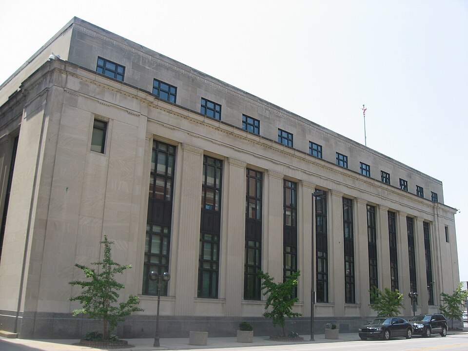 Northern side of the Robert A. Grant Federal Building and U.S. Courthouse, located at 204 S. Main Street (State Road 933) in downtown South Bend, Indiana, United States.  It was built in 1933 and houses one of the three divisions of the United States District Court for the Northern District of India