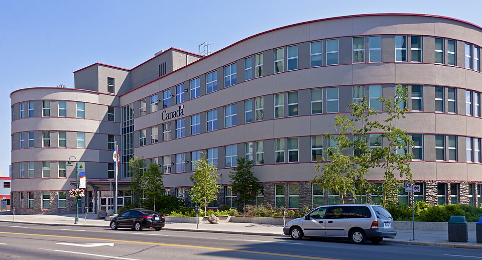 The Greenstone Government Building, main offices of the Canadian federal government in Yellowknife. Built in 2005, it is the first LEED Gold certified building design in Northern Canada