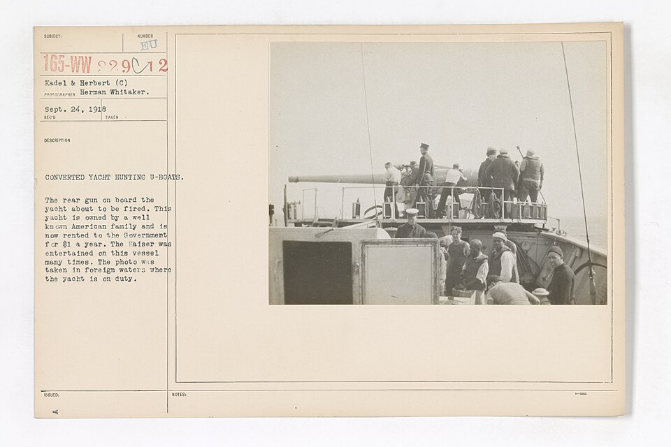 Scope and content:  Original Caption: Converted yacht hunting U-boats. The rear gun board the yacht 