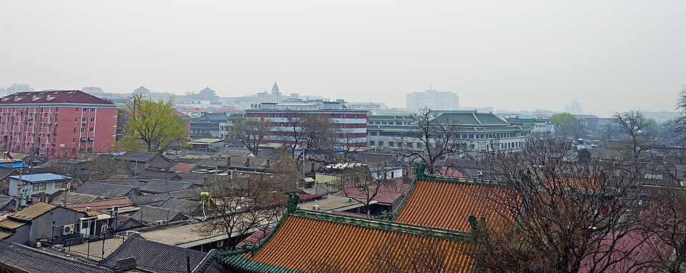 Looking southeast from near the Forbidden City's east wall to the Dengshikou neighborhood, with heav