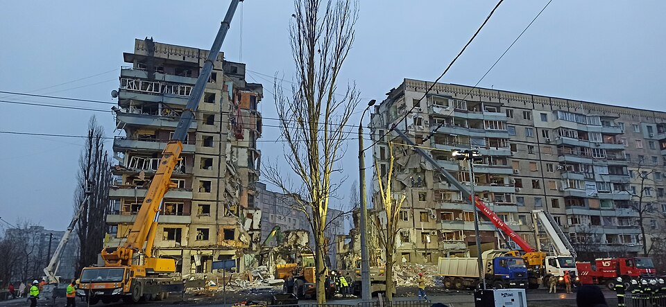 Residential buildings at 118 Naberezhna Peremohy in Dnipro, Ukraine, damaged by the Russian missile strike of 14 January 2023.