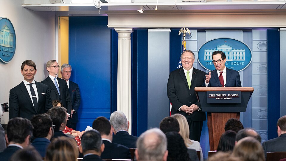 Secretary of the Treasury Steven Mnuchin and Secretary of State Mike Pompeo speak with reporters, Friday, Jan. 10, 2020, during a press conference announcing an Executive Order authorizing the imposition of new sanctions against Iran in the James S. Brady Press Briefing Room of the White House. (Off