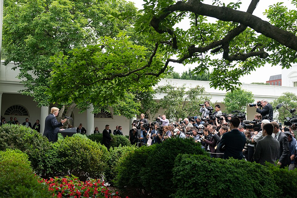 President Donald J. Trump addresses his remarks in the Rose Garden following his meeting with Congressional Democrats Wednesday, May 22, 2019, in the Cabinet Room of the White House.  President Trump addressed reporters in response to comments made earlier in the day by House Speaker Nancy Pelosi. (
