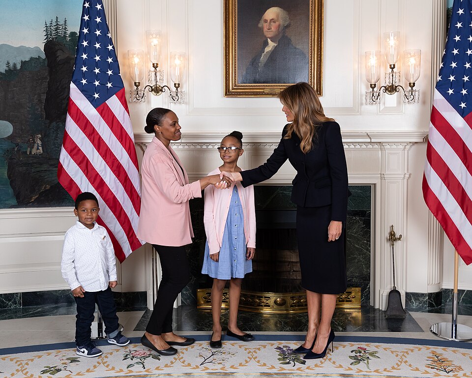 First Lady Melania Trump greets gallery guests fourth grader Janiyah Davis and her mother Stephanie Davis of Philadelphia, along with members of their family, in the Diplomatic Reception Room of the White House Tuesday, Feb. 4, 2020, prior to attending President Donald J. Trump’s State of the Union 
