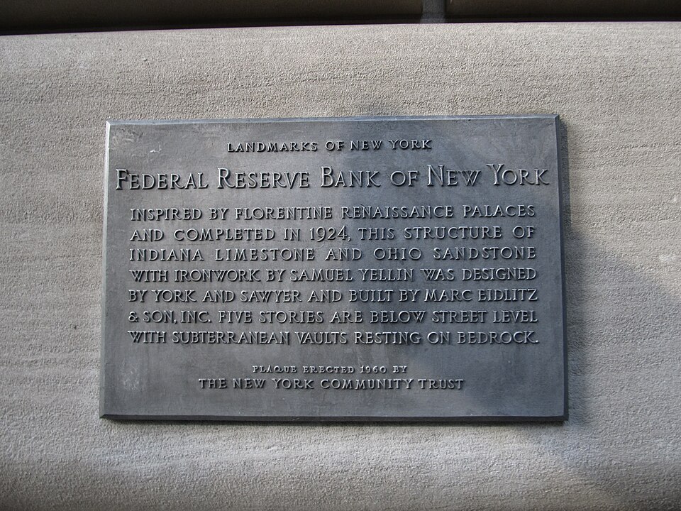 33 Liberty Street is the current home of the Federal Reserve Bank of New York. It is located in downtown Manhattan in New York City. Built in 1924, it is where the monetary policy of the United States is executed by trading dollars and United States Treasuries. In addition, it reportedly holds 25% (