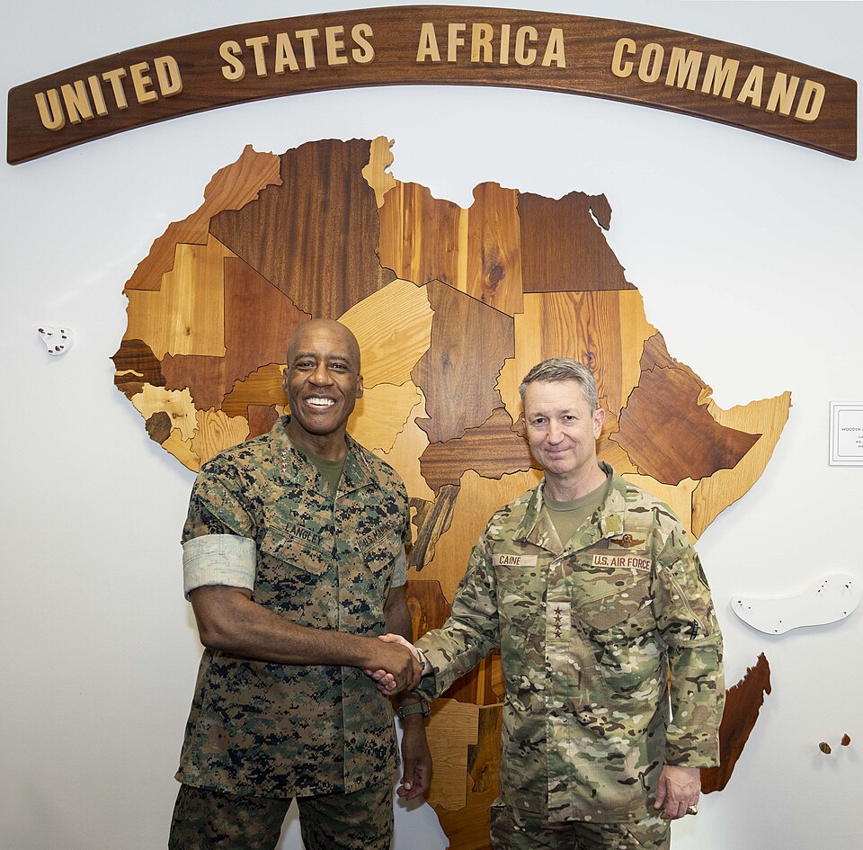Chairman of the Joint Chiefs of Staff Gen. Dan Caine meets with Gen. Michael Langley, Commander of U.S. Africa Command (AFRICOM), at AFRICOM Headquarters in Stuttgart, Germany, June 30, 2025. (DoD Photo by Chief Mass Communication Specialist James Mullen)