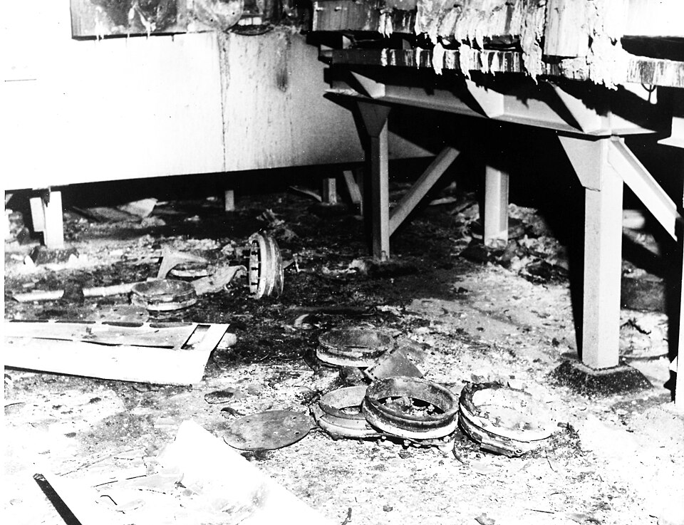 Debris around the base of a glove box destroyed by the 1969 plutonium fire.