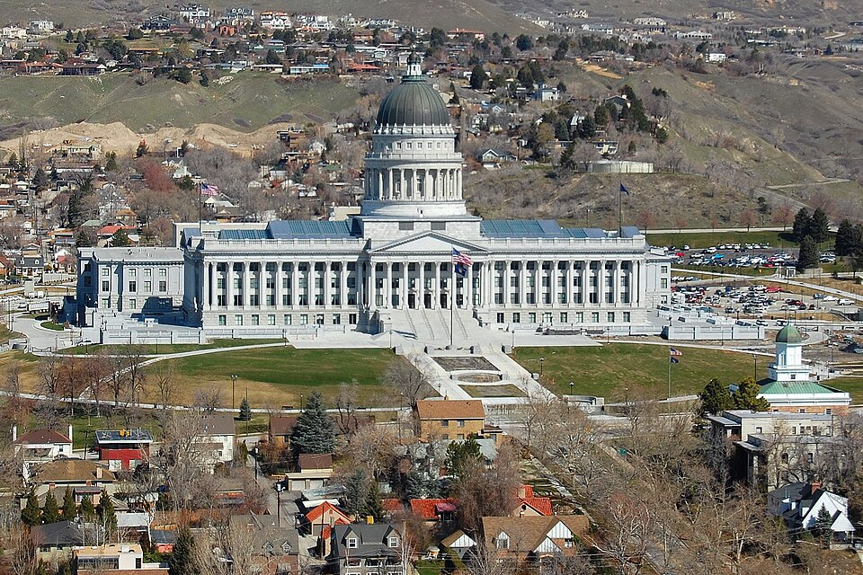 Utah State Capitol in Salt Lake City, as seen from the 26th floor of the Church Office Building of The Church of Jesus Christ of Latter-day Saints.