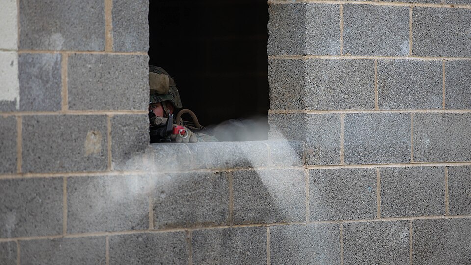 A Marine with Company C, Fleet Anti-Terrorism Security Team, Marine Corps Security Force Regiment, defends his post during the site security exercise at Combat Town, Marine Corps Base Quantico, Virginia, April 18, 2017. The site security exercise was a two-day event during the weeklong training exer