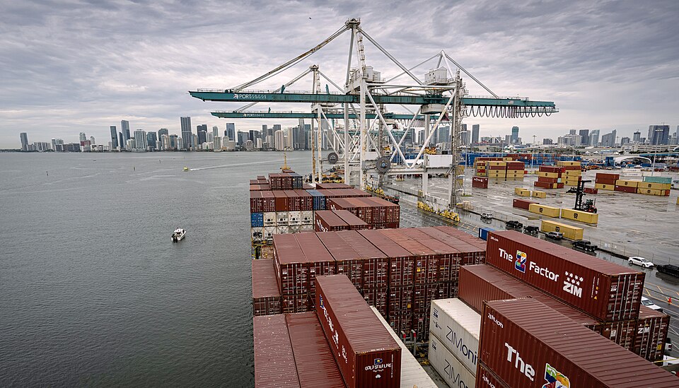 The Miami skyline is see from the bridge of a cargo ship docked at Port Miami in Miami, Fla., Septem