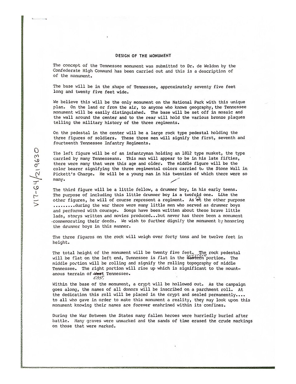White paper with typed black text
The concept of the Tennessee monument was submitted to Dr. de Weldon by the Confederate High Command has been carries out and this is a description of the monument.
The base will be in the shape of Tennessee, approximately seventy five feet long and twenty five feet