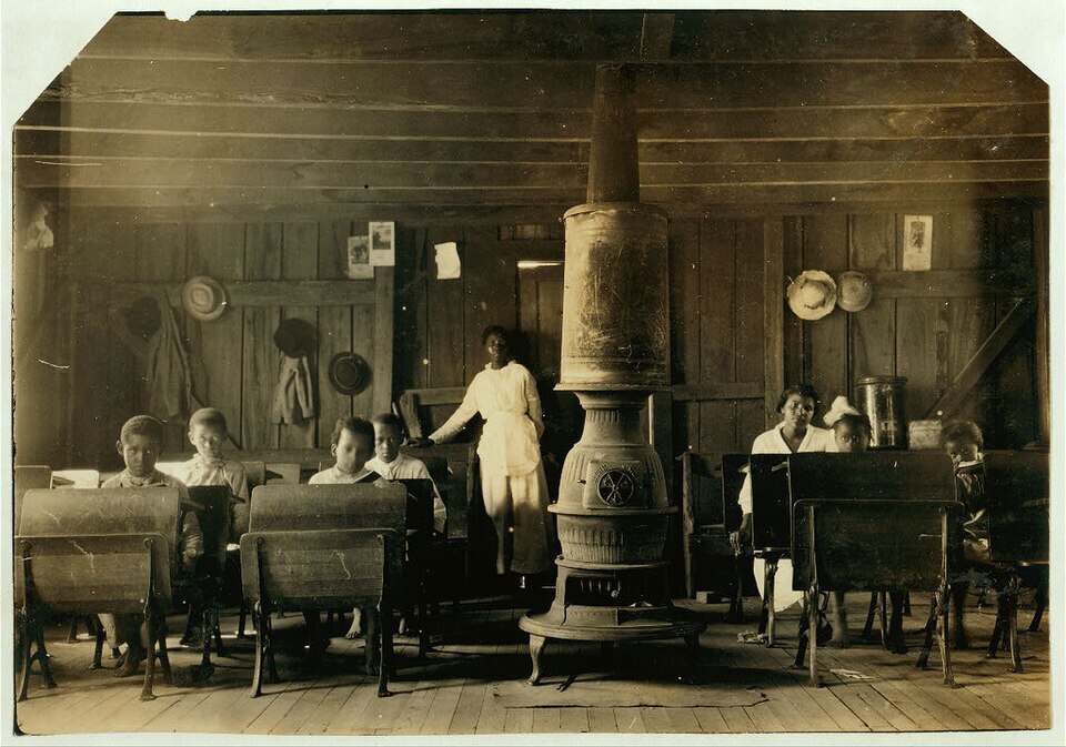 African-American School in Kentucky, 1916 by Lewis Hine (LOC) Original title: Colored School at Anthoston. Census 27, enrollment 12, attendance 7. Teacher expects 19 to be enrolled after work is over. "Tobacco keeps them out and they are short of hands." Ages of those present: 13 years = 1, 10 years