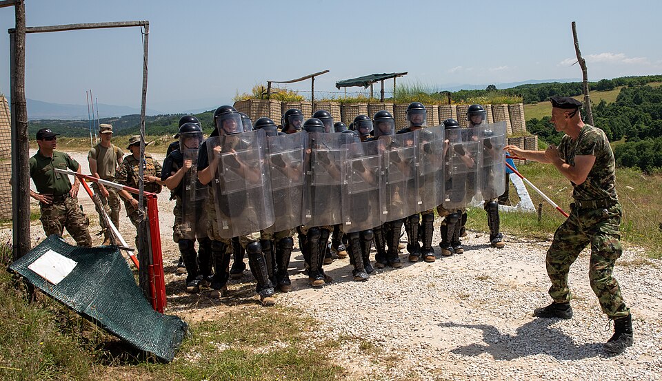 Soldiers with the Ohio Army National Guard’s 323rd Military Police Military Police Company and multinational forces conduct peacetime riot-control operations during multinational exercise Platinum Wolf 2023 at South Base, Serbia, June 23, 2023. During Platinum Wolf, U.S. and multinational forces hon