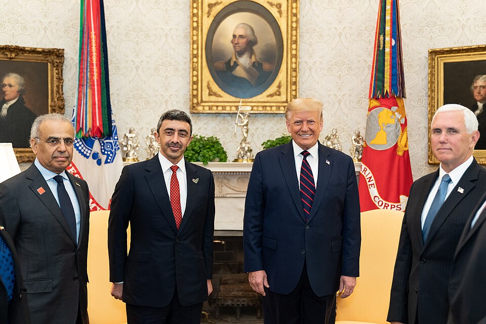 President Donald J. Trump participates in a bilateral meeting with Minister of Foreign Affairs and International Cooperation of the United Arab Emirates Sheikh Abdullah bin Zayed bin Sultan Al Nahan Tuesday, Sept. 15, 2020, in the Oval Office of the White House. (Official White House Photo by Sheala