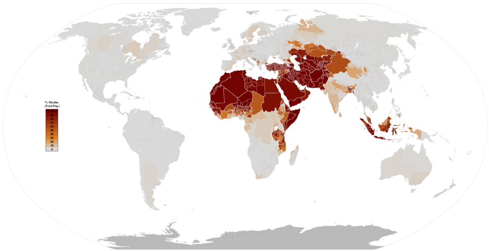 Muslim population by percentage of subnational or national entity.  Based on latest available data, see citations:
Nation	Source	Year
Mozambique	http://www.ine.gov.mz/	2007
Albania	http://www.instat.gov.al/	2011
Belize	http://sib.org.bz/	2010
Fiji	https://www.statsfiji.gov.fj/	2007
Cape Verde	www.st