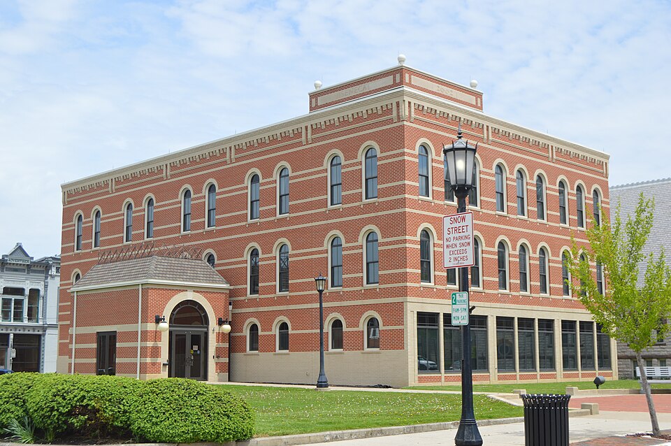 Front and western side of the de facto Seneca County Courthouse, located along Market Street (State Routes 18/101) in central Tiffin, Ohio, United States.  Built in 2002 as a courthouse annex, it began serving as the de facto courthouse when county officials demolished the historic courthouse next d