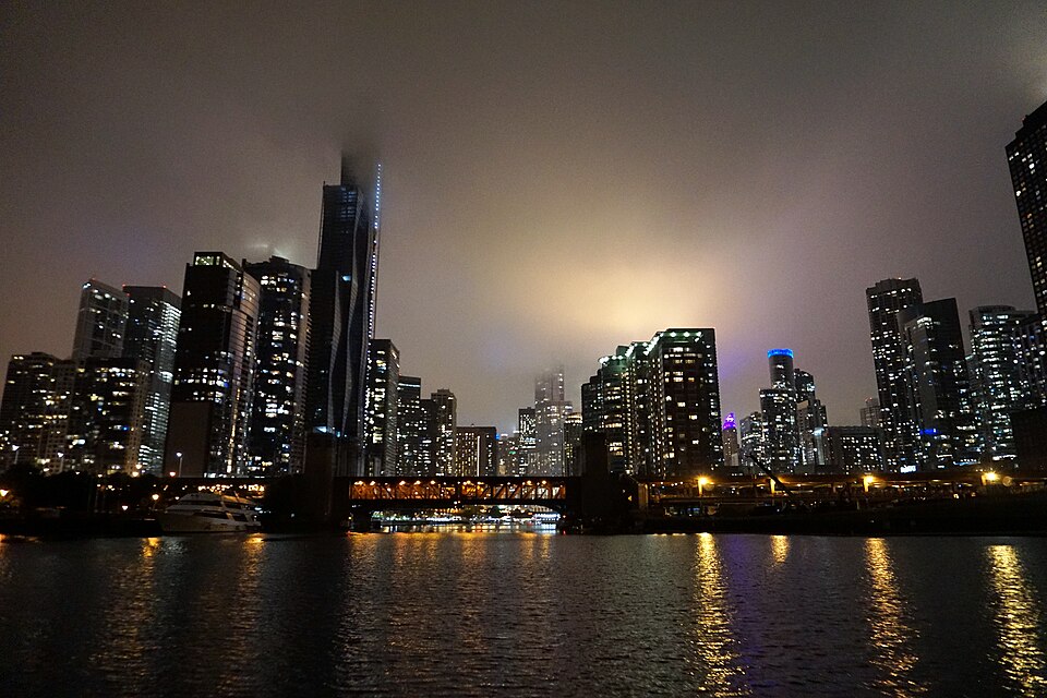 Chicago River and harbour entrance and city skyline at night
