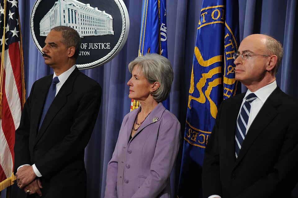 On Thursday, February 17, HHS Secretary Kathleen Sebelius, Attorney General Eric Holder (left) and HHS Inspector General Daniel Levinson participated in a press conference to announce the largest health care fraud law enforcement action to date. HHS photo by Chris Smith