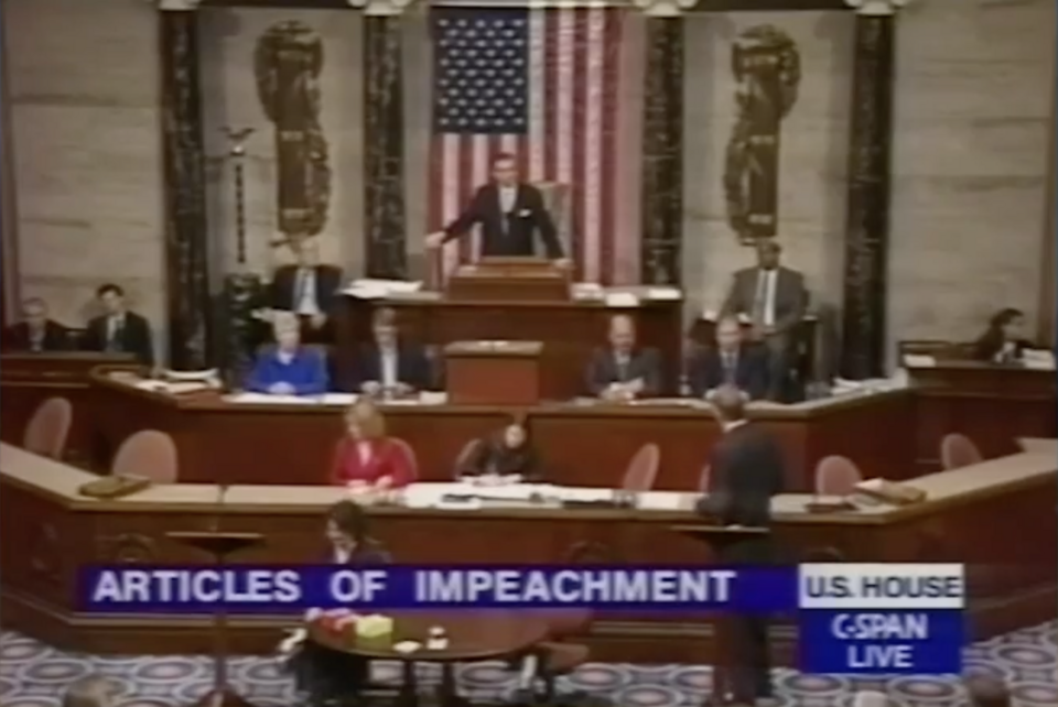 C-SPAN archival footage of House floor debate on the articles of impeachment proposed to impeach Bill Clinton