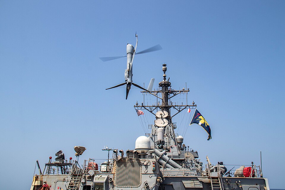 231006-N-HY958-1037 GULF OF OMAN (Oct. 6, 2023) An Aerovel Flexrotor unmanned aerial vehicle launches from the deck of the Arleigh Burke-class guided-missile destroyer USS McFaul (DDG 74) in the Gulf of Oman, in an image released Oct. 6. U.S. 5th Fleet forces recently conducted an operation integrat