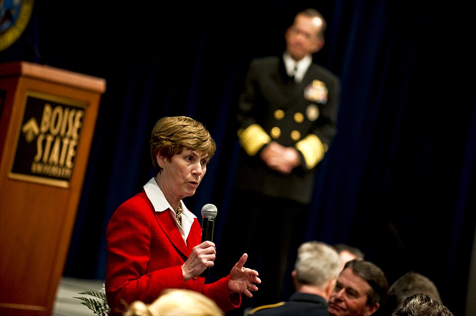 Deborah Mullen, wife of Navy Adm. Mike Mullen, chairman of the Joint Chiefs of Staff, answers a question during a town hall meeting with military and Gold Star families at Boise State University in Boise, Idaho, April 3, 2011.