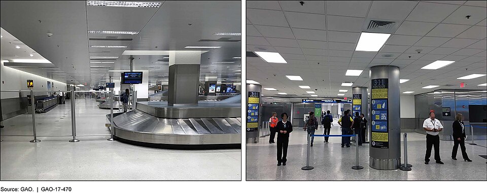 This image is excerpted from a U.S. GAO report: 
www.gao.gov/products/GAO-17-470
INTERNATIONAL AIR TRAVELERS: CBP Collaborates with Stakeholders to Facilitate the Arrivals Process, but Could Strengthen Reporting of Airport Wait Times

Note: The photo on the left shows the Plexiglas barrier in the ba